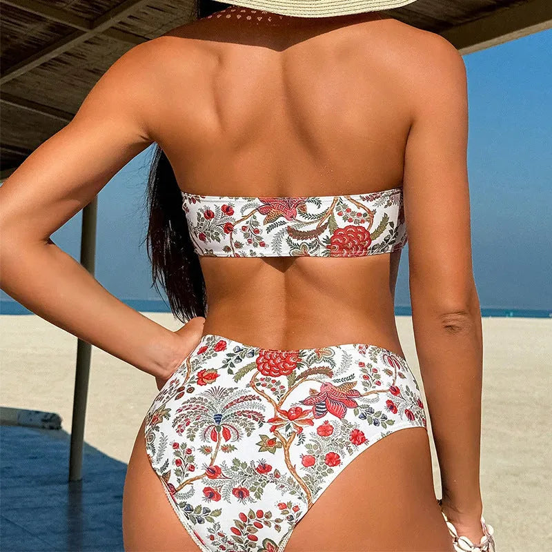 Women's printed bandeau triangle bikini top and shorts swimsuit set