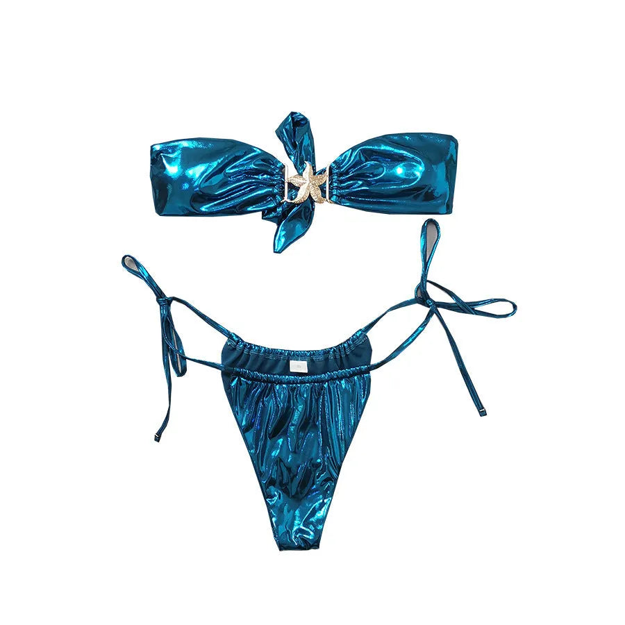 Women's glossy sapphire blue bikini set with gold starfish print and long sleeves