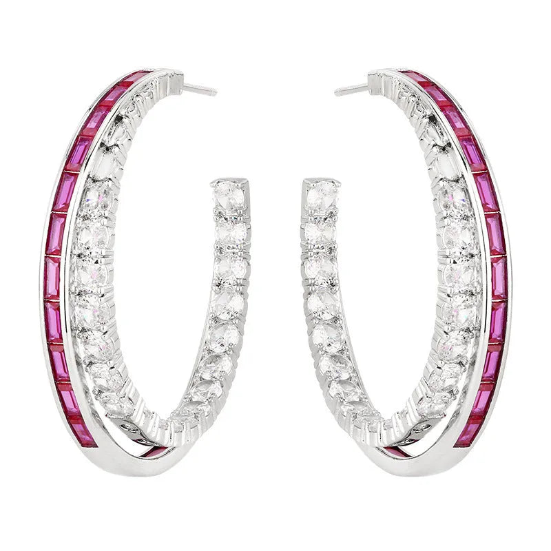 Women's geometric copper earrings with zirconia, silver needle design, red corundum colour option