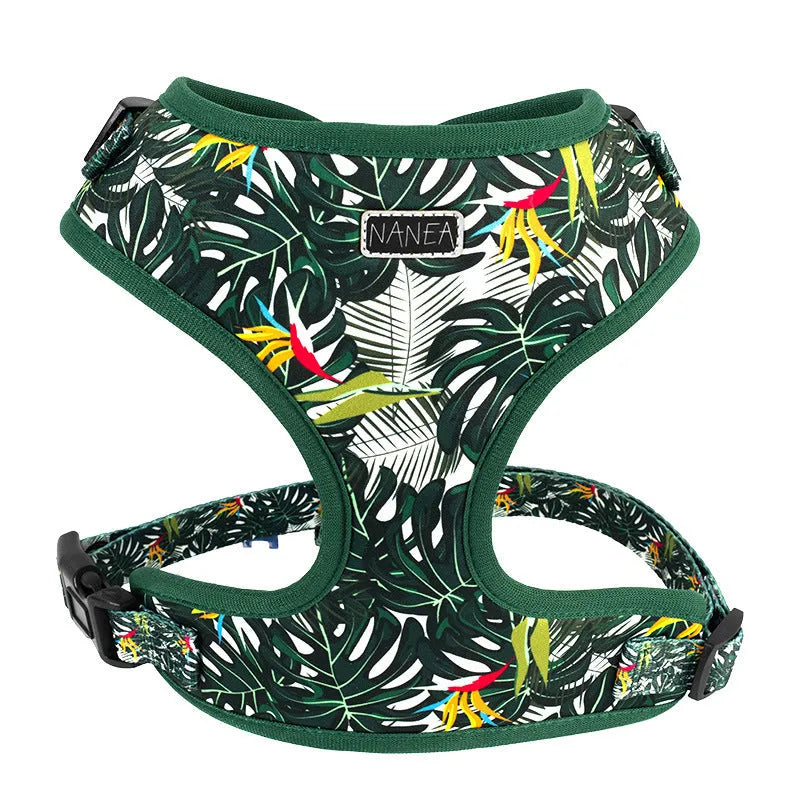 Six-piece adjustable dog harness set with waste bag and decorative accessories in cloth material