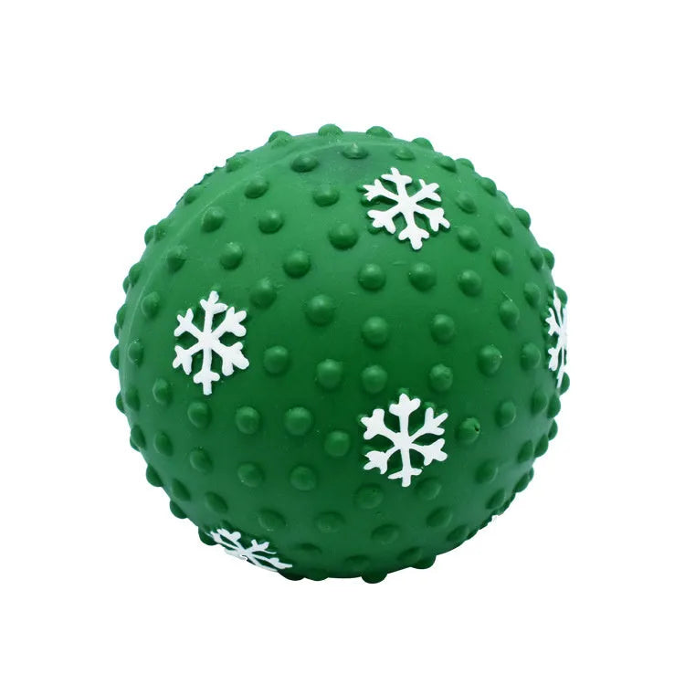 Red and green festive dog toy balls with snowflake patterns, 7cm diameter, with squeaker and air vents