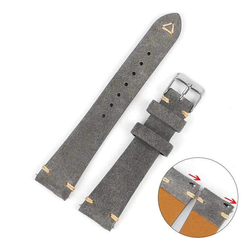Genuine suede leather watch strap in ethnic style, shown in brown, blue, grey, Army Green colours for 20mm and 22mm widths.