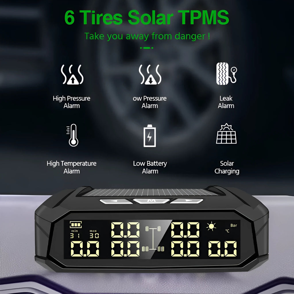 Solar external tire pressure monitor system with colour digital display for six-wheel RVs and trucks