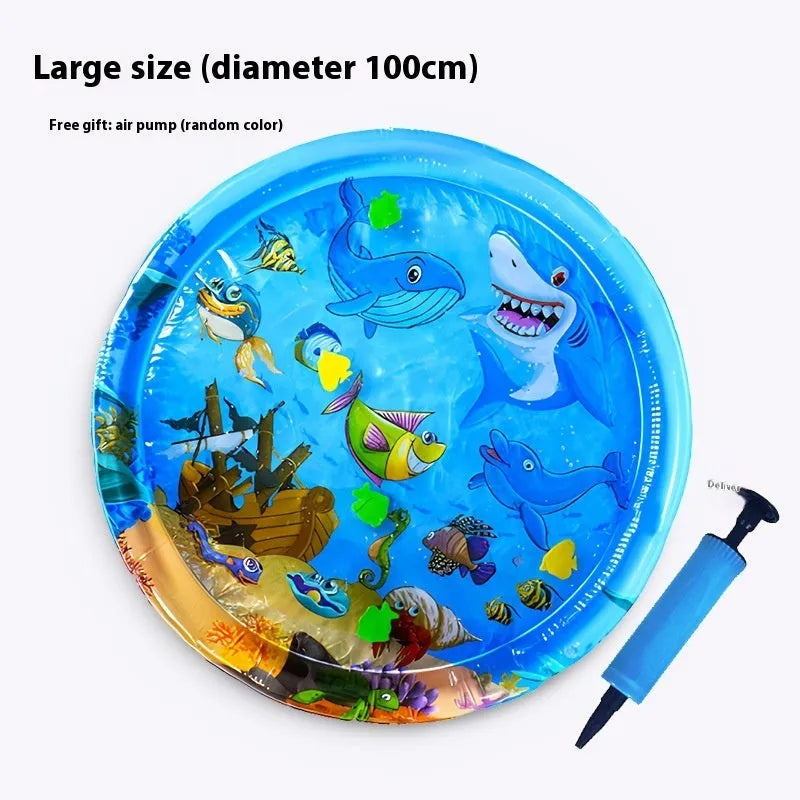 Blue inflatable PVC water mattress for pets with dolphin design, showing cooling gel interior