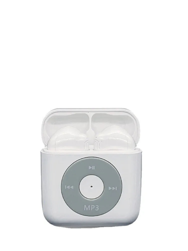 White semi in-ear wireless Bluetooth earphones with charging case showing noise reduction and call functionality