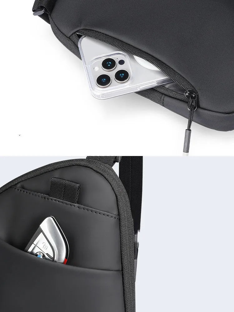 Men's black Oxford cloth crossbody bag with reinforced stitching and simple design