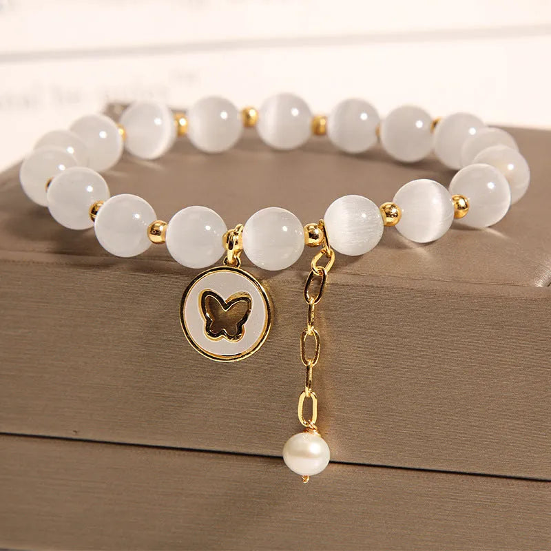 White cat's eye crystal bracelet with geometric beads, Korean-style design, manual finish