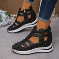 Women's black close-toed platform sandals with hollow-out design and Velcro strap.