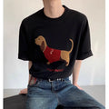 Grey men's cotton t-shirt with embroidered dachshund dog holding a towel graphic.