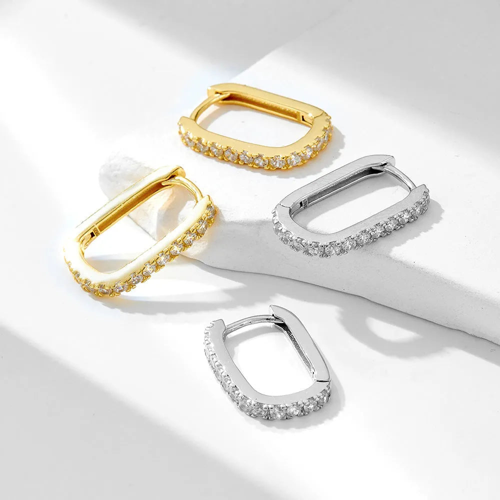 S925 sterling silver oval zircon clip earrings with geometric design in yellow and white colour options