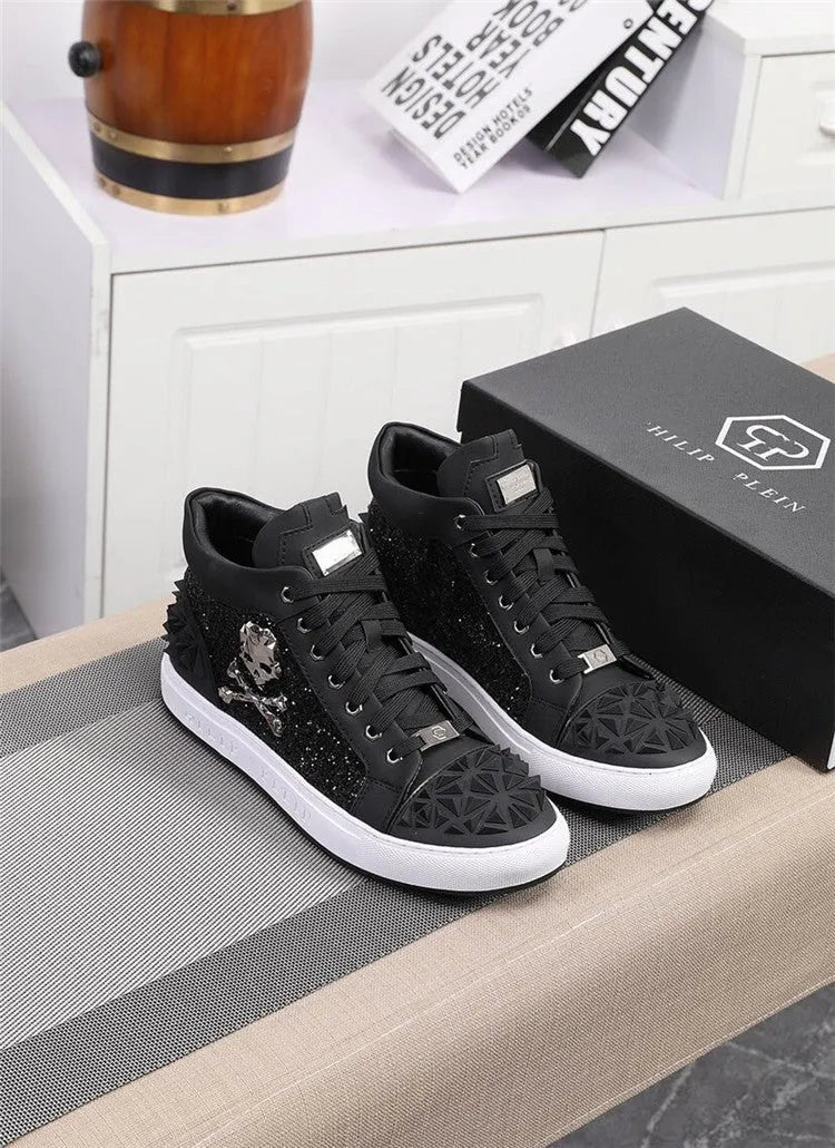 Men's black genuine leather high top skeleton shoes with white rubber sole and lace-up front
