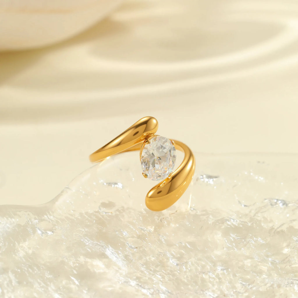 Geometric open mouth zircon ring made from stainless steel, showing its free size design.