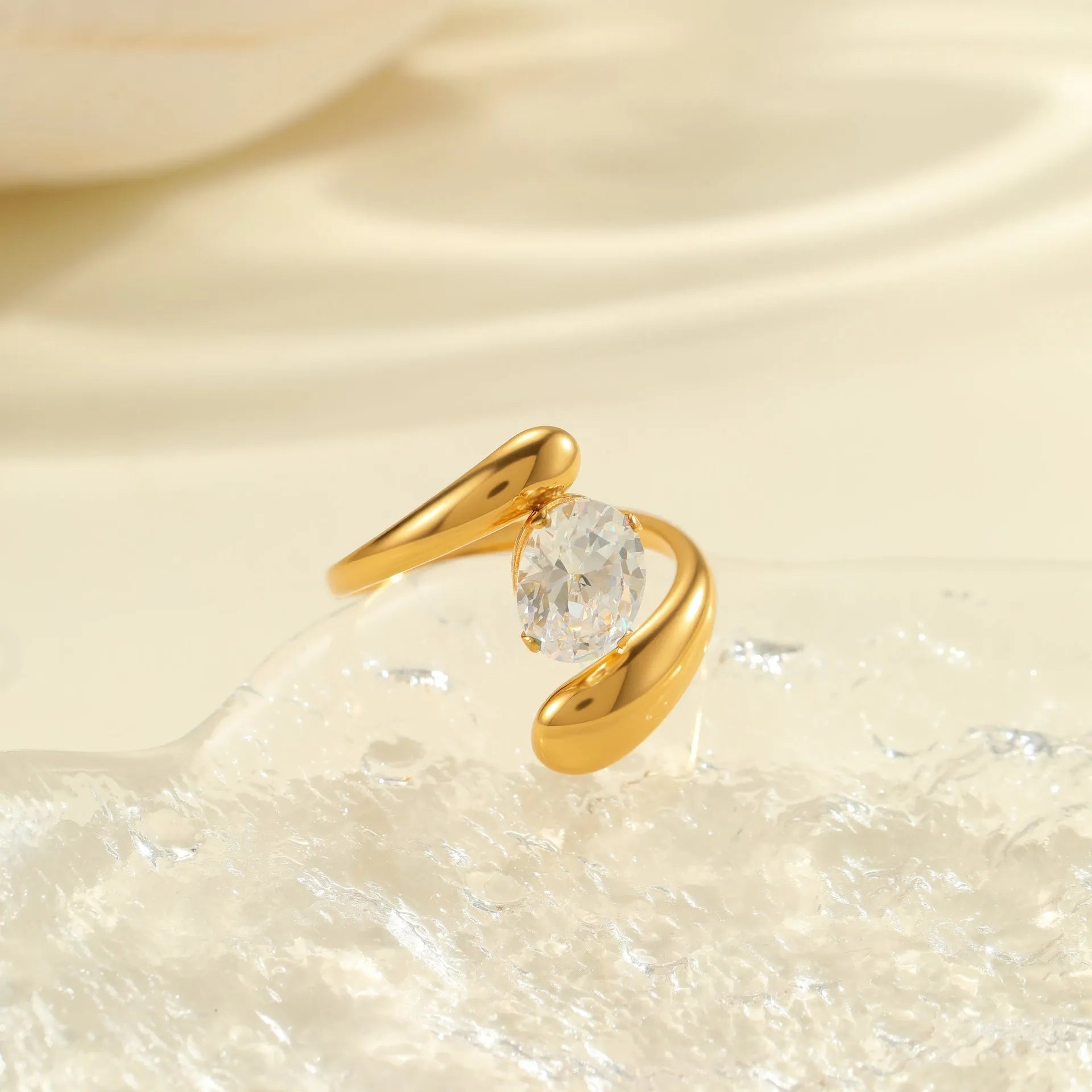 Geometric open mouth zircon ring made from stainless steel, showing its free size design.