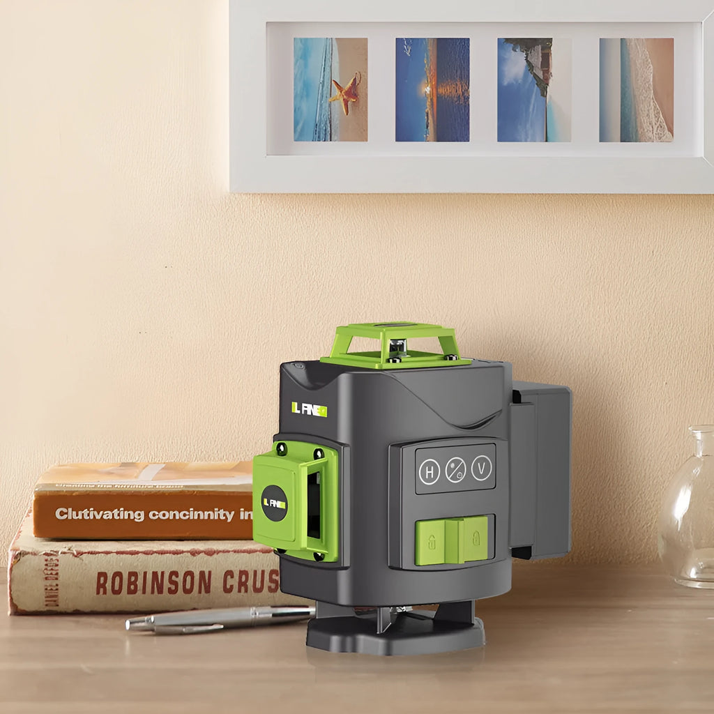 Green laser level with 16 projection lines showing 360° alignment for construction and DIY projects