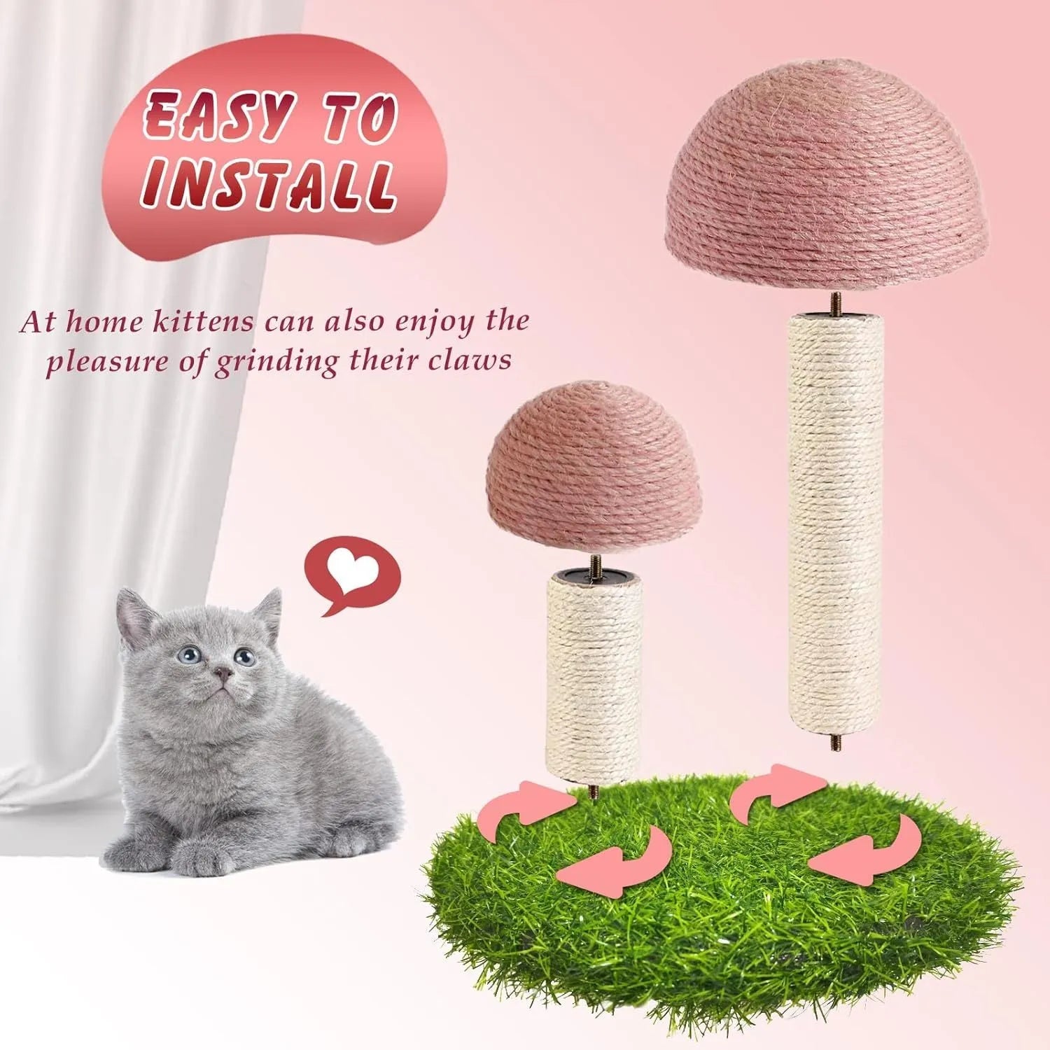 Pink mushroom-shaped cat scratching post with sisal-covered pole for kittens and small cats