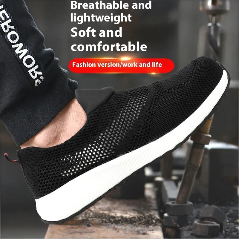 Men's lightweight anti-smash steel toe work shoes in black with breathable mesh upper