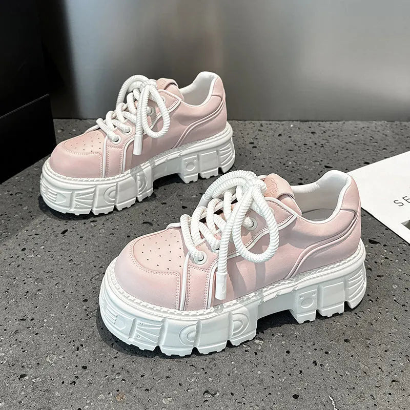 Beige and pink leather casual shoes with solid-colour design and height-increasing construction