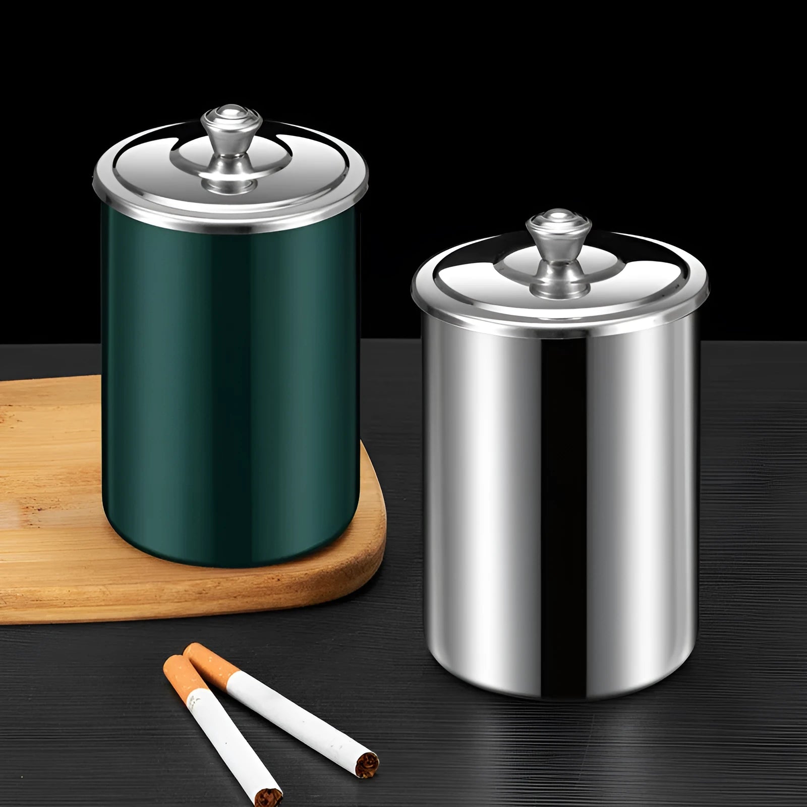 Stainless steel fly ash ashtray with cover, funnel, and smoke button in black, 7.5x9.5cm