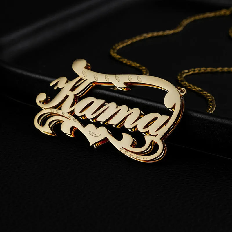 Customised double-layer wave heart necklace in stainless steel with gold finish