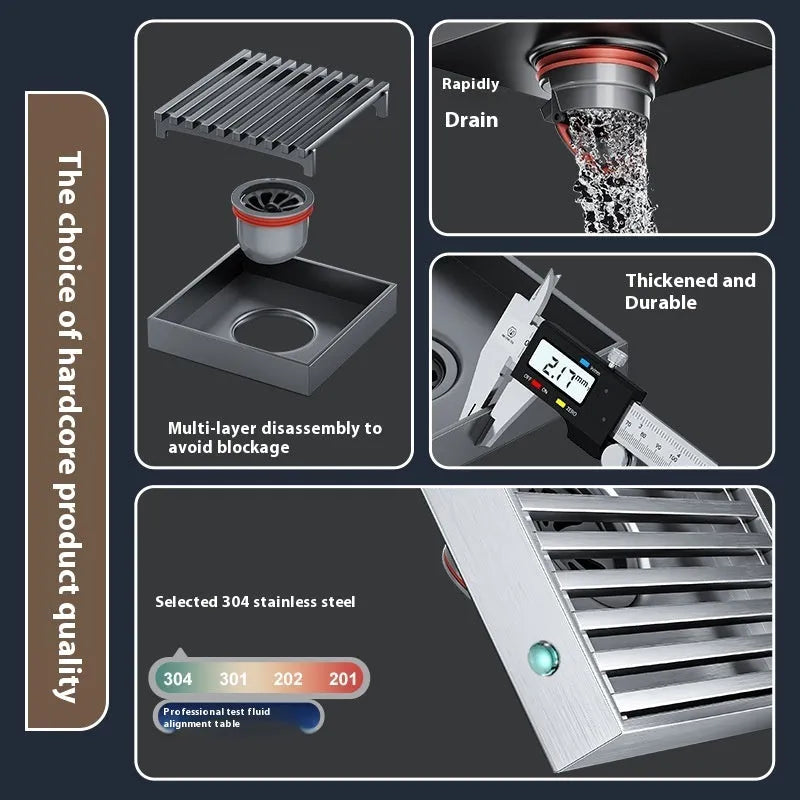 304 stainless steel courtyard floor drain with gun grey 15x15cm ABS plastic core for outdoor drainage