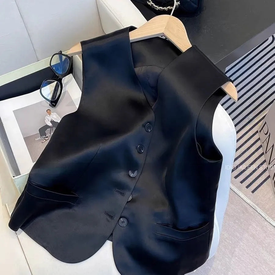 Black satin women's sleeveless vest with V-neck and loose fit on hanger