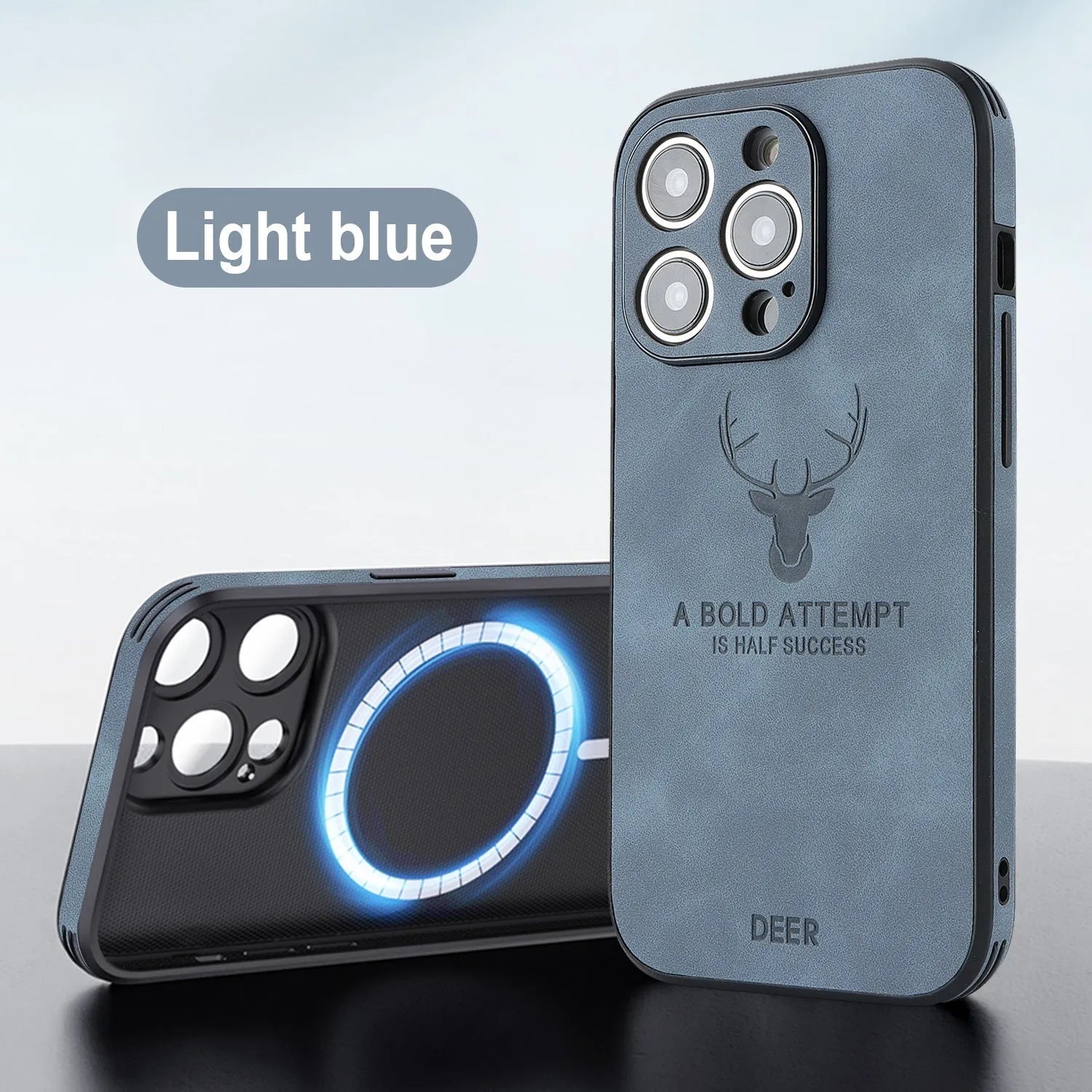 iPhone 16 magnetic charging case with embossed moose head design on imitation leather in multiple colour options
