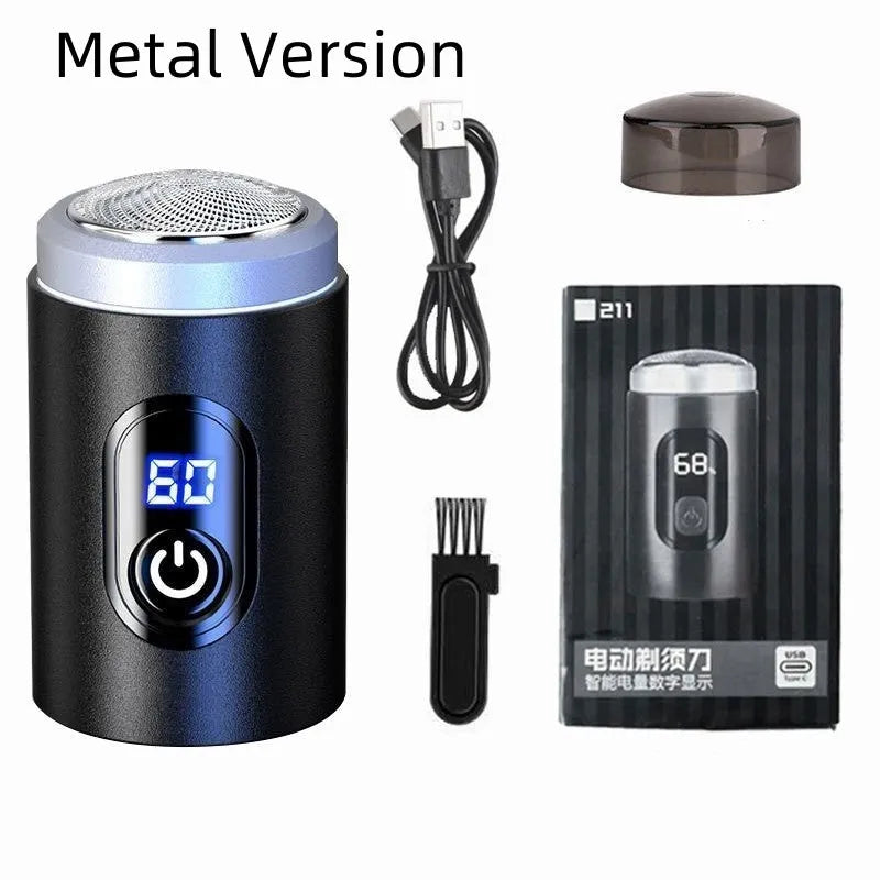 Black mini USB rechargeable shaver with LED display, shown with charging cable and cleaning brush.