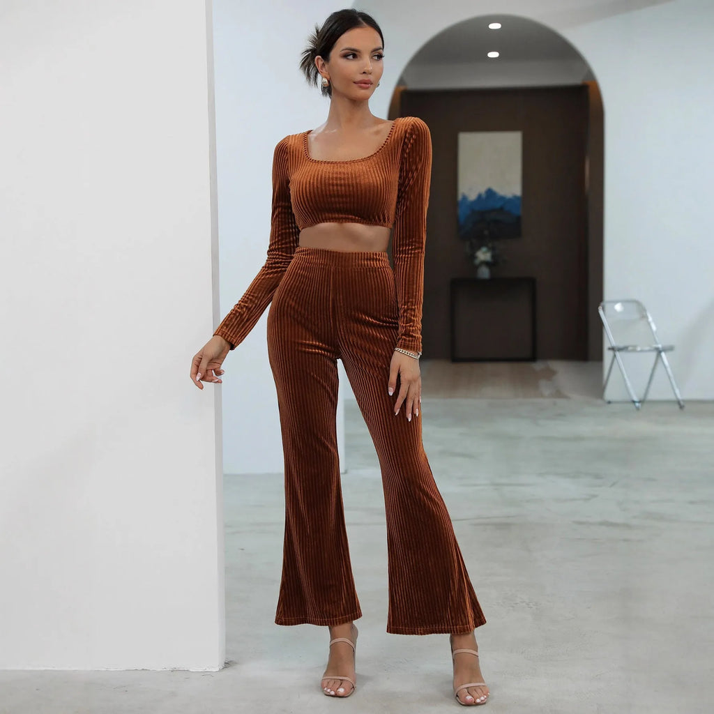 Caramel colour long sleeve sweater and trouser casual set laid flat