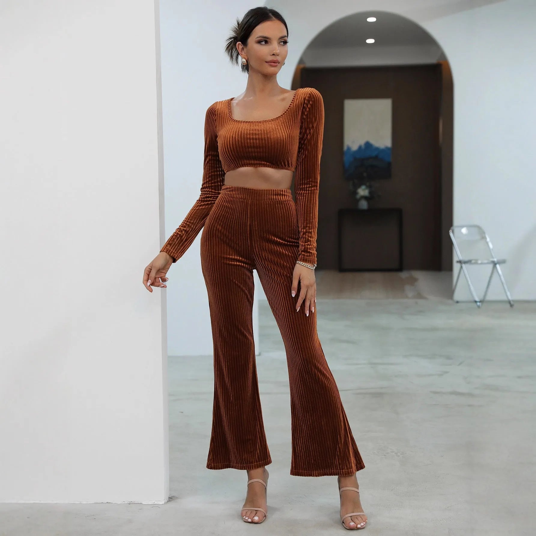 Caramel colour long sleeve sweater and trouser casual set laid flat