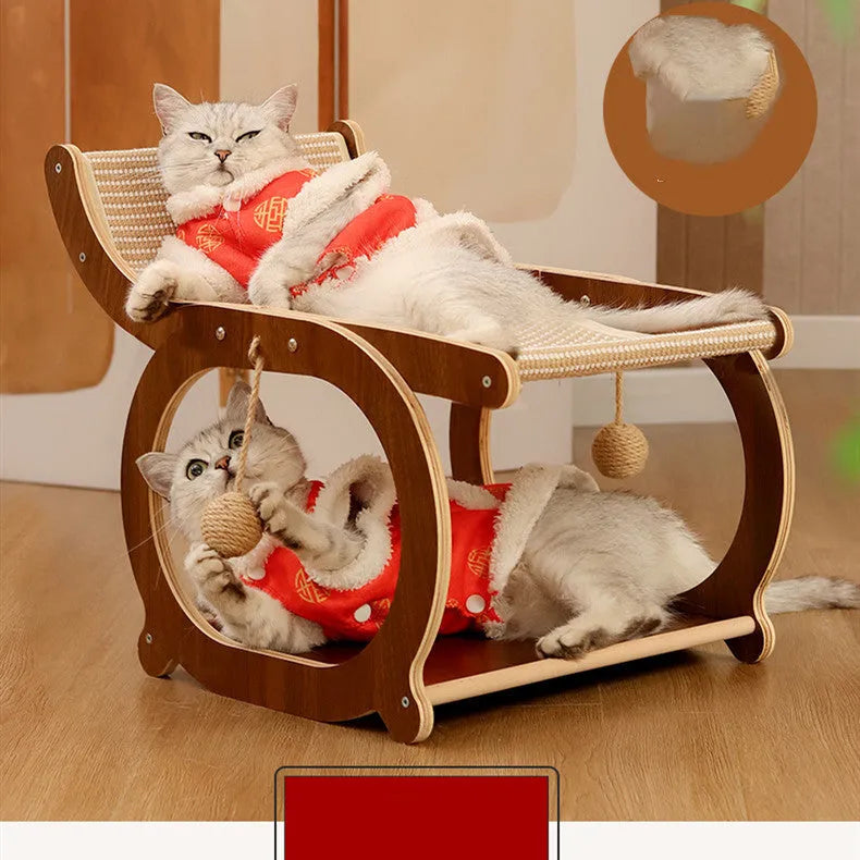 Solid wood sisal cat scratcher bed in recliner design with walnut or wood colour finish