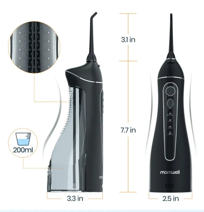 Portable electric water pick oral irrigator in black with rechargeable battery for adult home use