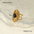Women's adjustable titanium steel ring with geometric shape and inlaid zircon detailing on a finger.
