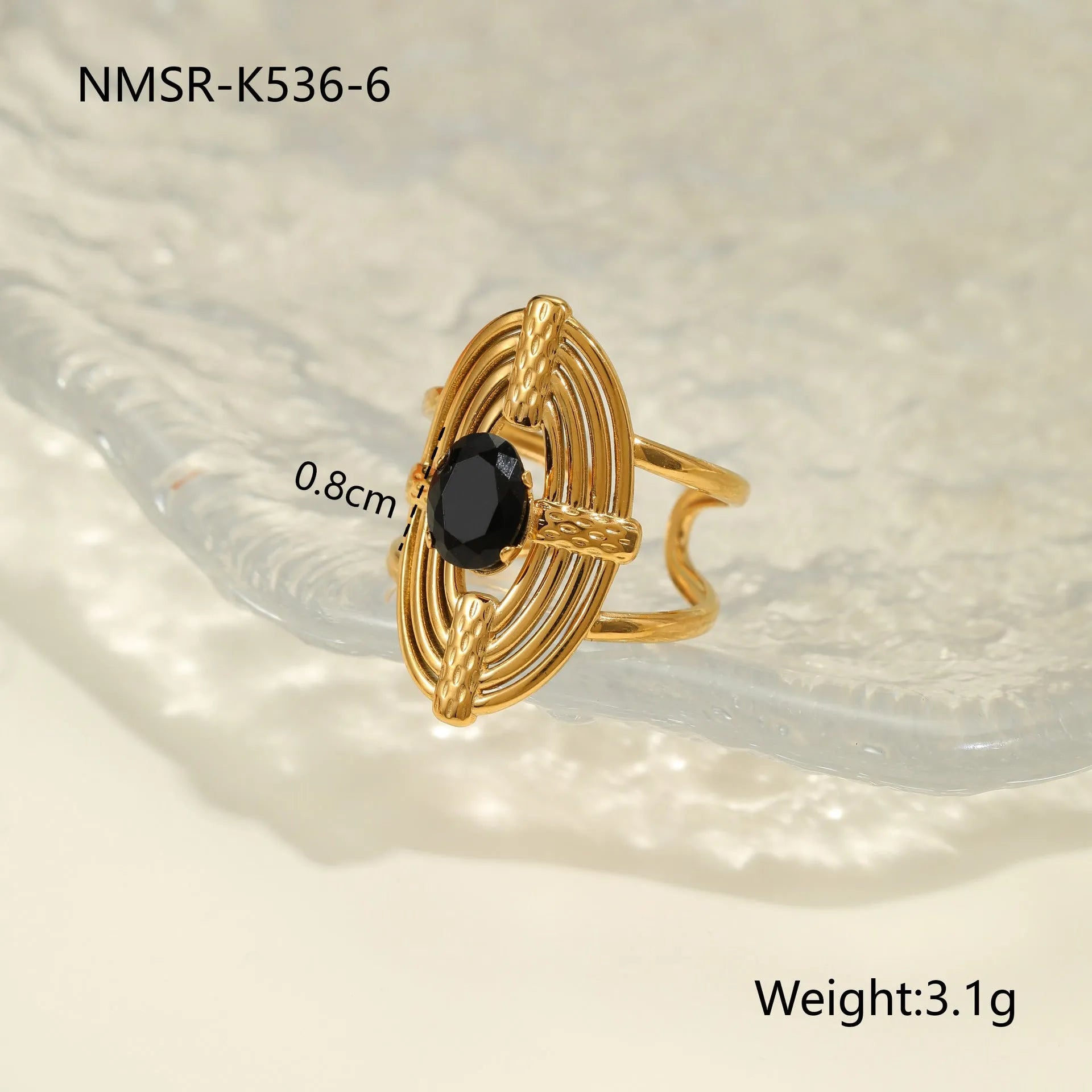 Women's adjustable titanium steel ring with geometric shape and inlaid zircon detailing on a finger.