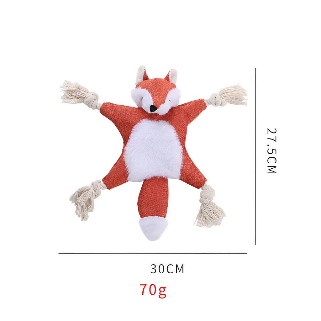 Brown stuffless fox plush dog toy with cotton rope arms, embroidered eyes, and a squeaker.
