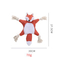 Brown stuffless fox plush dog toy with cotton rope arms, embroidered eyes, and a squeaker.