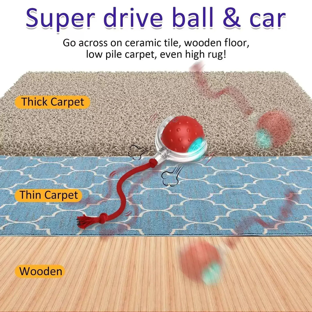 Interactive Super Drive cat rolling ball in blue and red colour options on a light floor