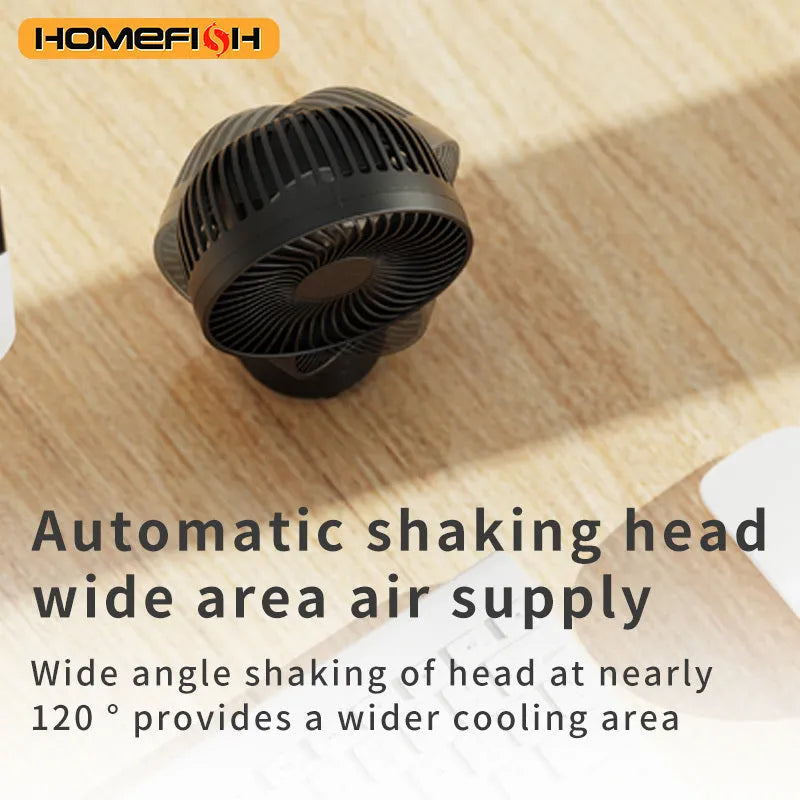 HOMEFISH F2 automatic shake head rechargeable fan with LED light and removable mounting bracket.