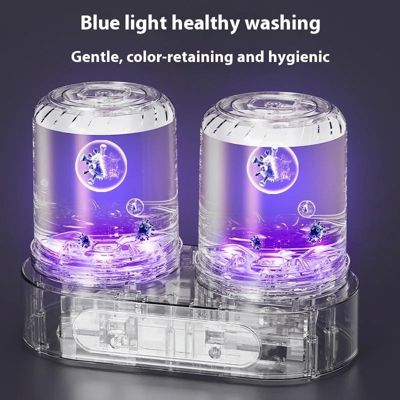 White portable mini washing machine with double laundry buckets and USB power connection