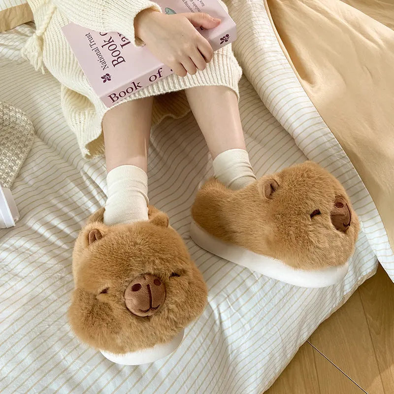 Light brown women's winter slippers with cartoon pattern, plush upper and artificial wool lining