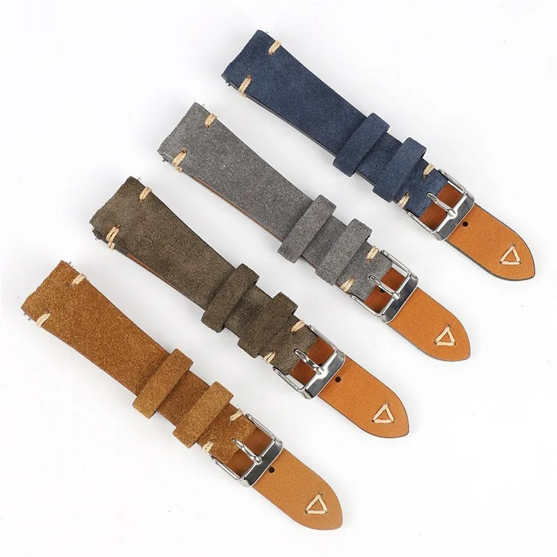 Genuine suede leather watch strap in ethnic style, shown in brown, blue, grey, Army Green colours for 20mm and 22mm widths.