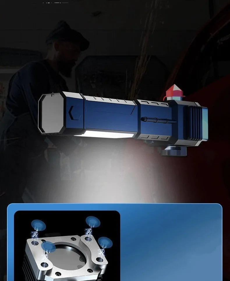 Silver LED flashlight with portable power bank function for outdoor use.
