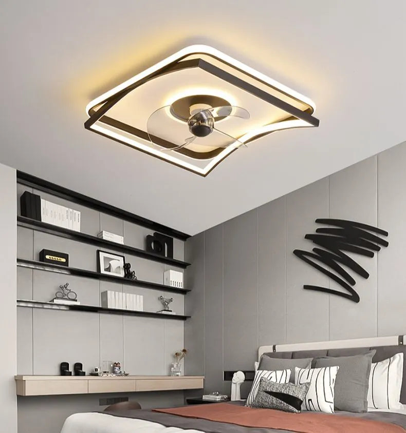 Fan lamp ceiling light in black round design with remote control for bedroom or dining room