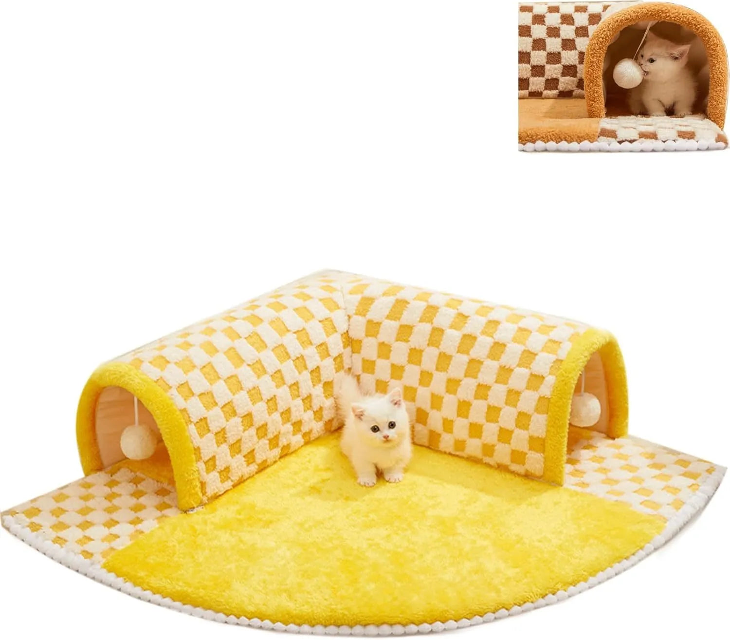 Brown plaid plush cat tunnel bed with a central mat on a wooden floor.