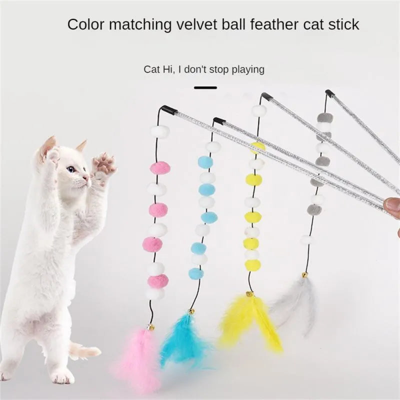 Blue cat teaser interactive toy rod with bell and pompon feather, 31cm long