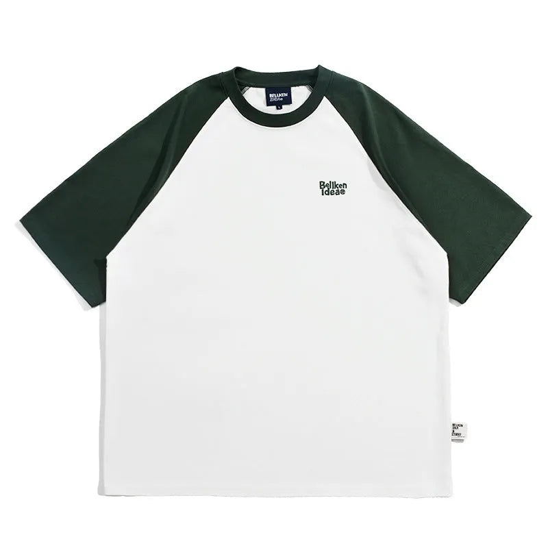 Blue loose-fit men's T-shirt with raglan sleeves in a Japanese Junior casual style.