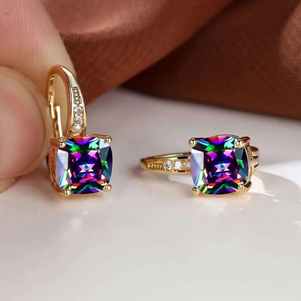 Geometric square ear clip with colourful moissanite detailing and electroplated metallic finish