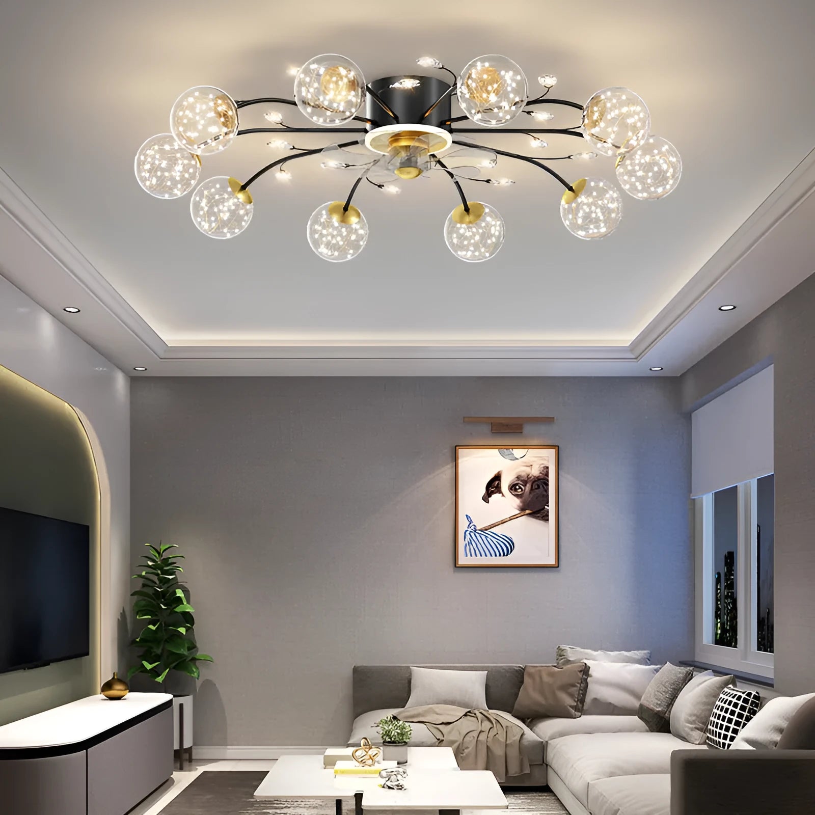 New Nordic Star fan lamp with crystal and iron, remote control, ceiling light for 10-15 square metre rooms