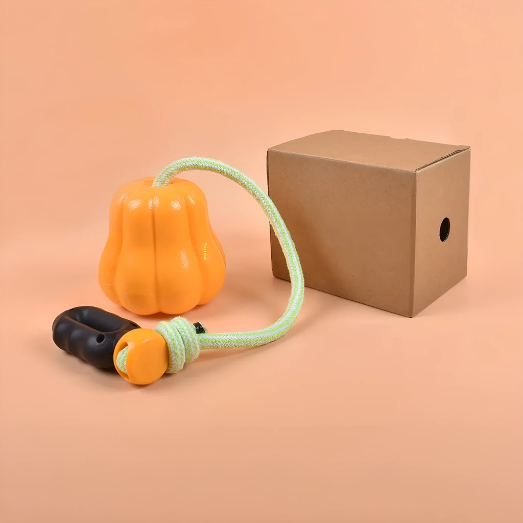 Pumpkin coloured molar-shaped plastic dog toy with a rope handle for outdoor fetch.