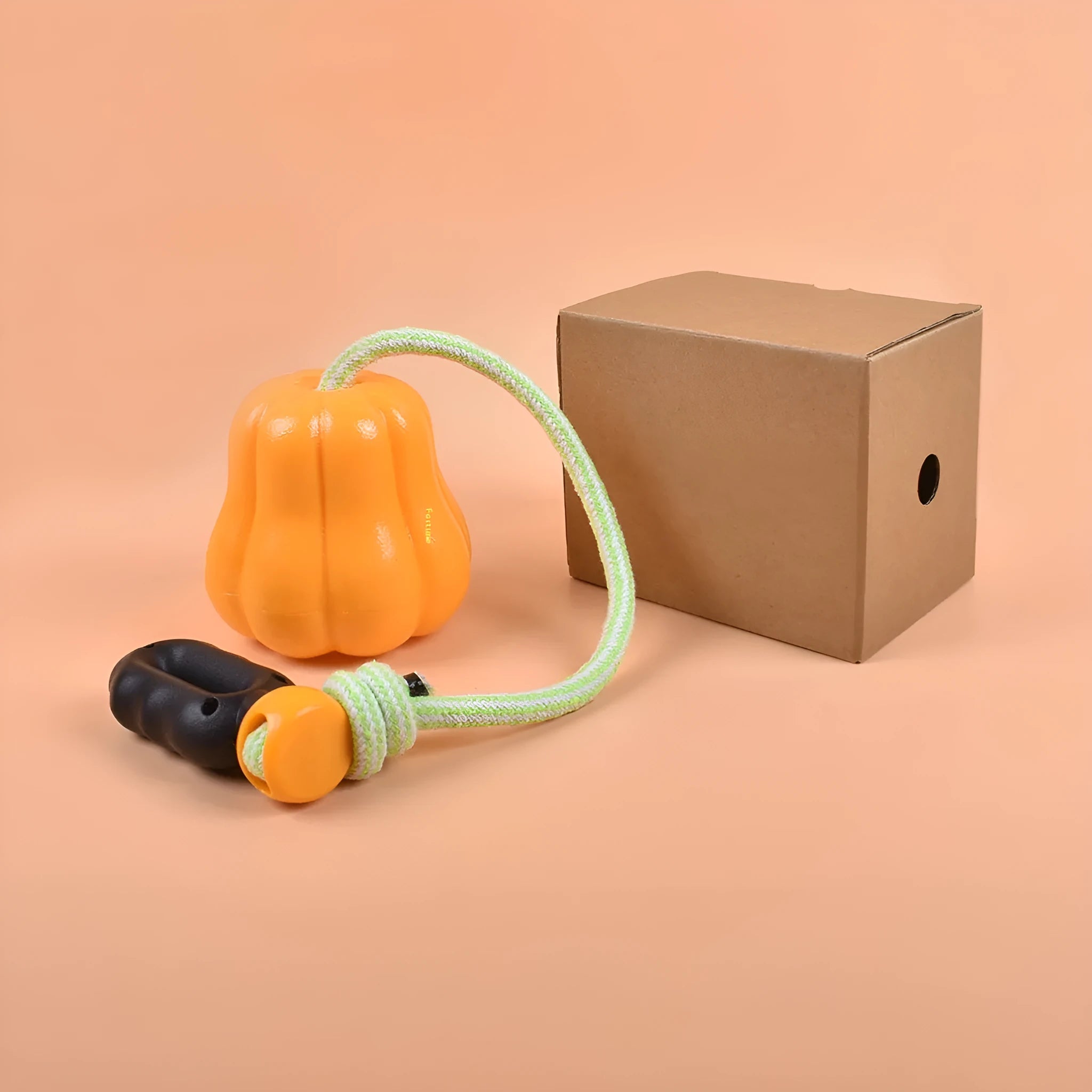 Pumpkin coloured molar-shaped plastic dog toy with a rope handle for outdoor fetch.