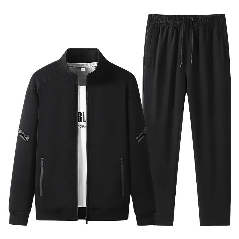 Men's plus size knitted cotton sports tracksuit set in black, dark blue, and grey for spring and autumn